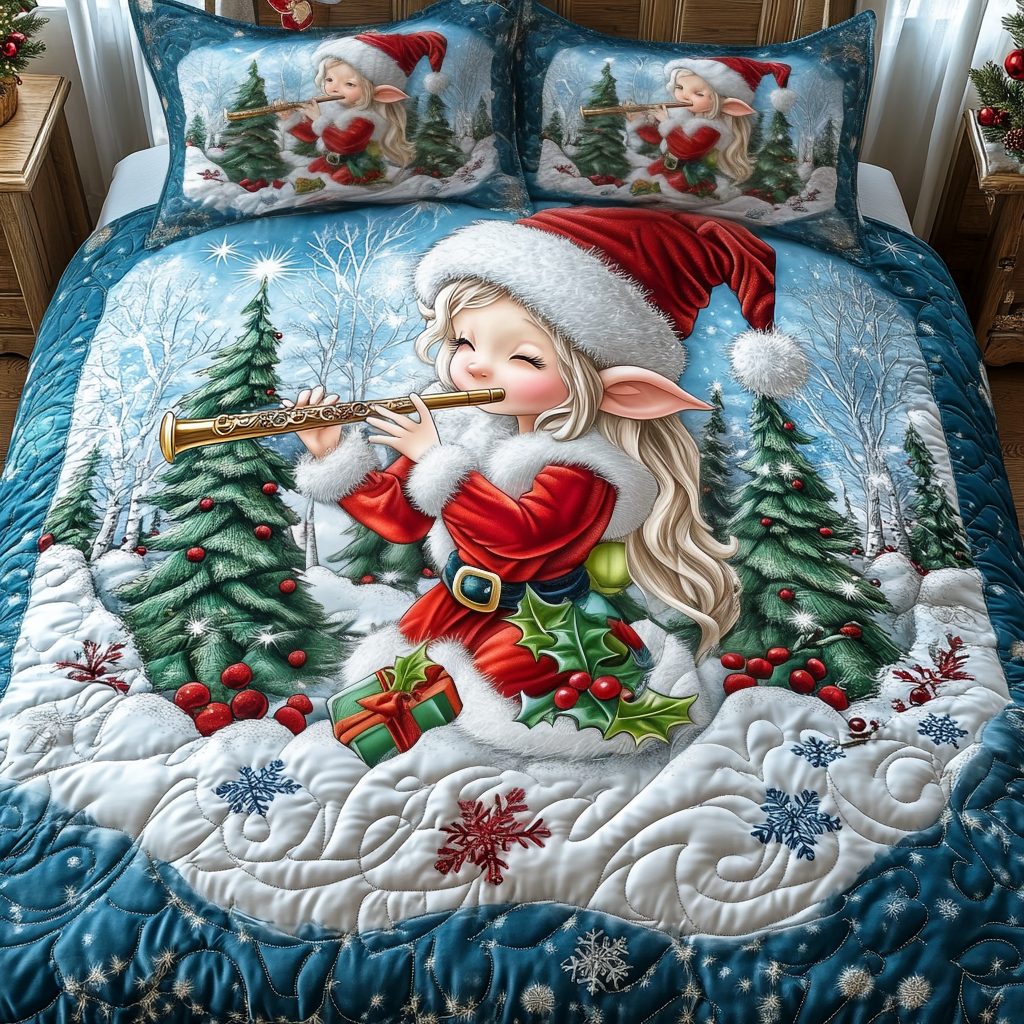 Festive Flute Elf quilted 3-piece bedding set on a made bed in a winter-styled bedroom