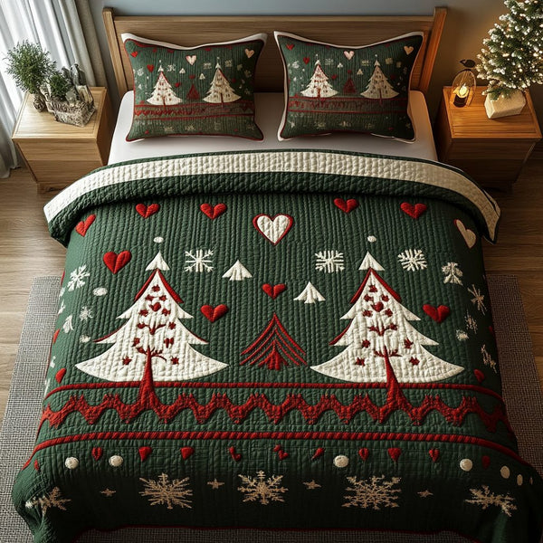 Festive Forest Charm quilted 3-piece bedding set on a made bed in a winter-styled bedroom