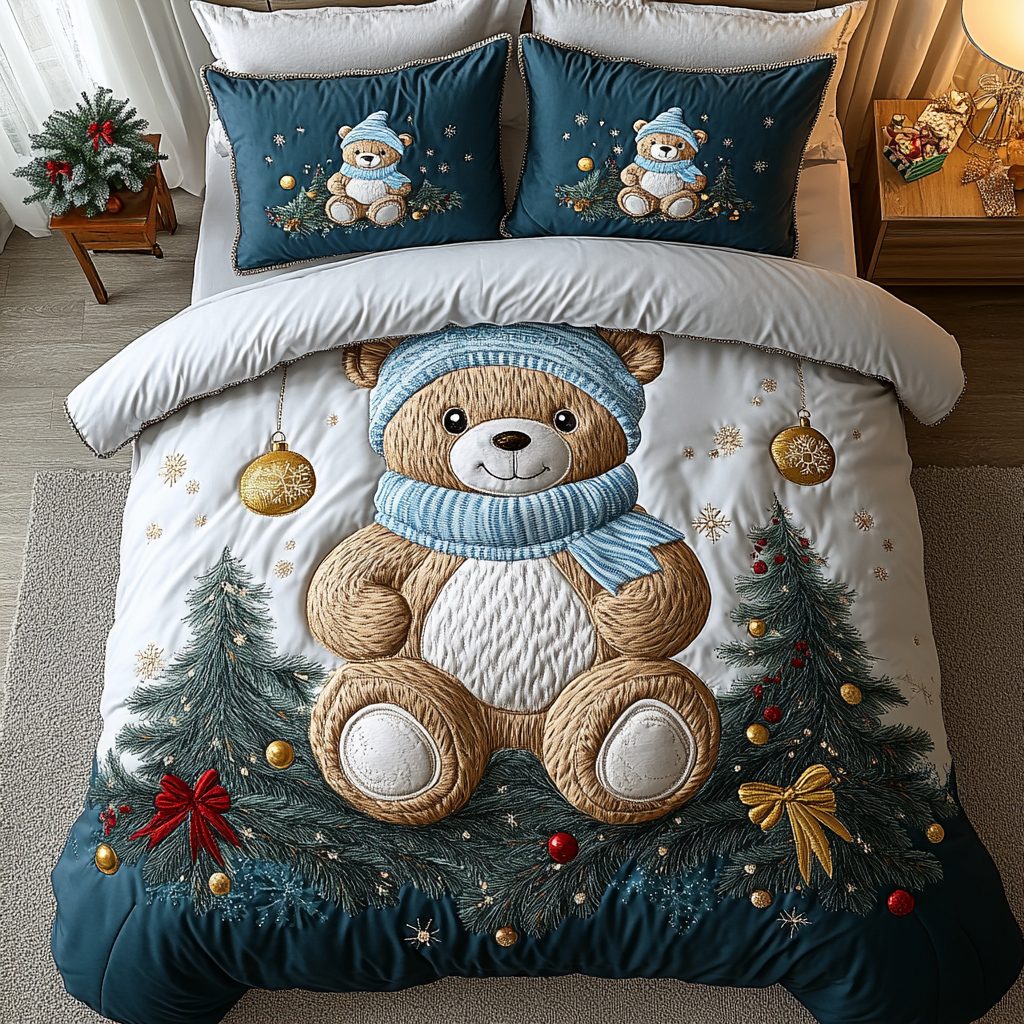 Festive Forest Friend quilted 3-piece bedding set on a made bed in a winter-styled bedroom