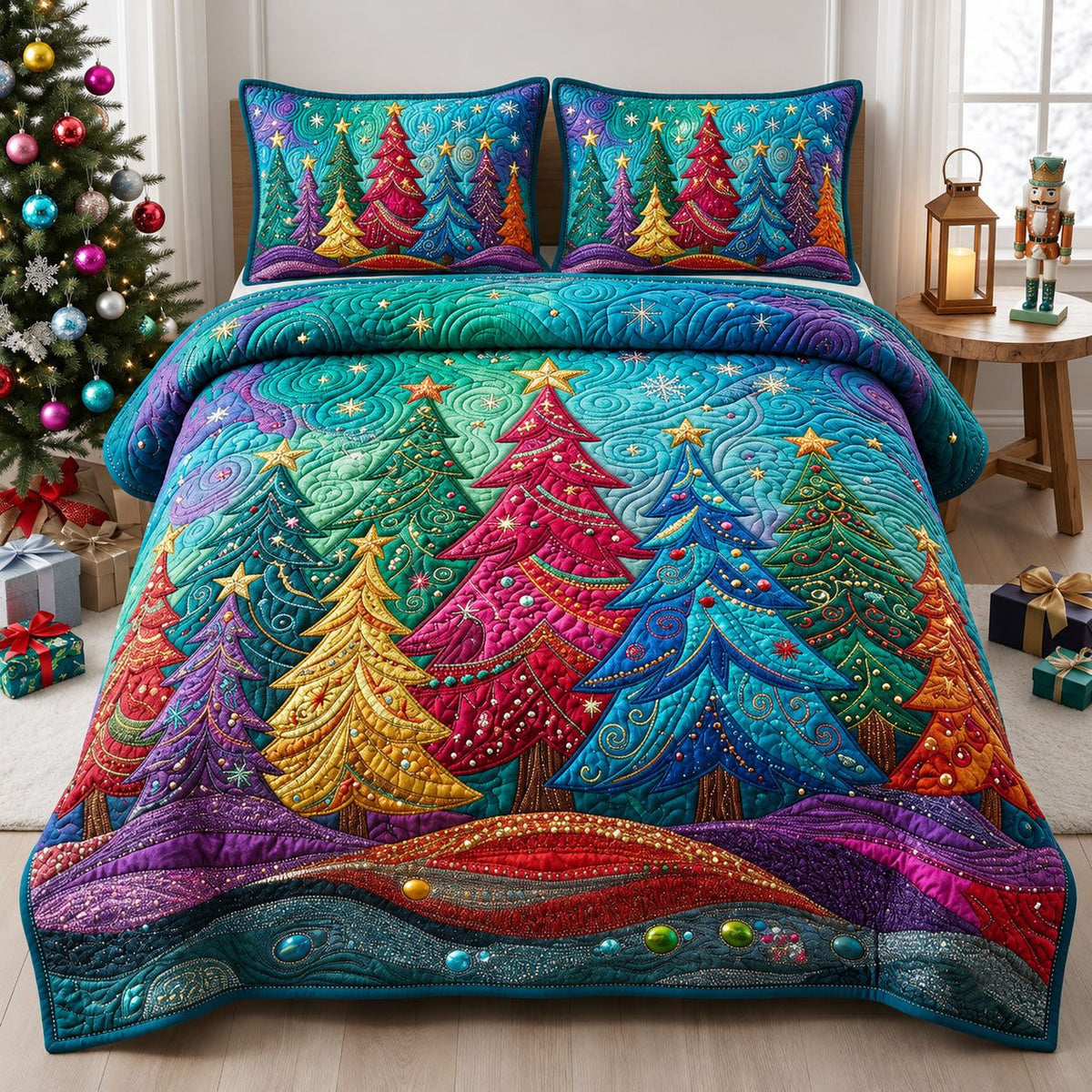 Festive Forest quilted 3-piece bedding set on a made bed in a winter-styled bedroom