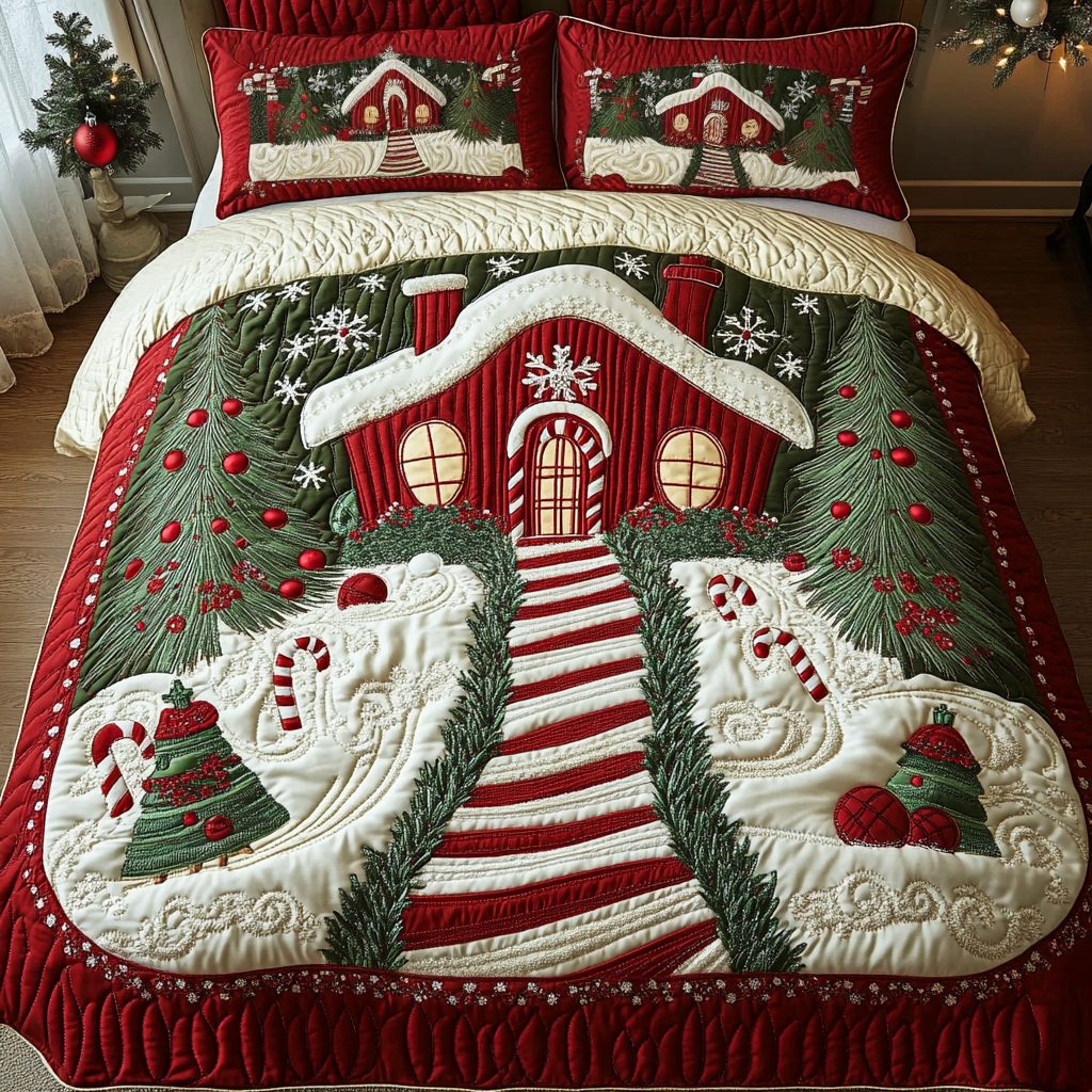Festive Forest quilted 3-piece bedding set on a made bed in a winter-styled bedroom