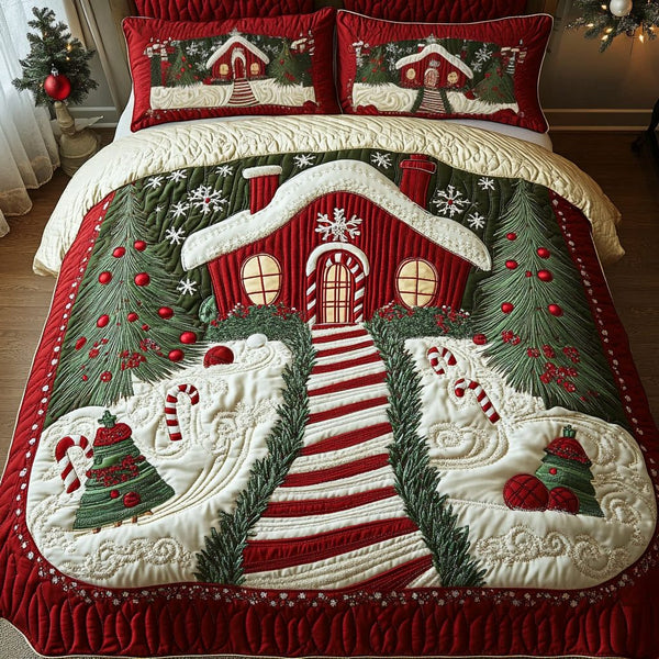 Festive Forest quilted 3-piece bedding set on a made bed in a winter-styled bedroom