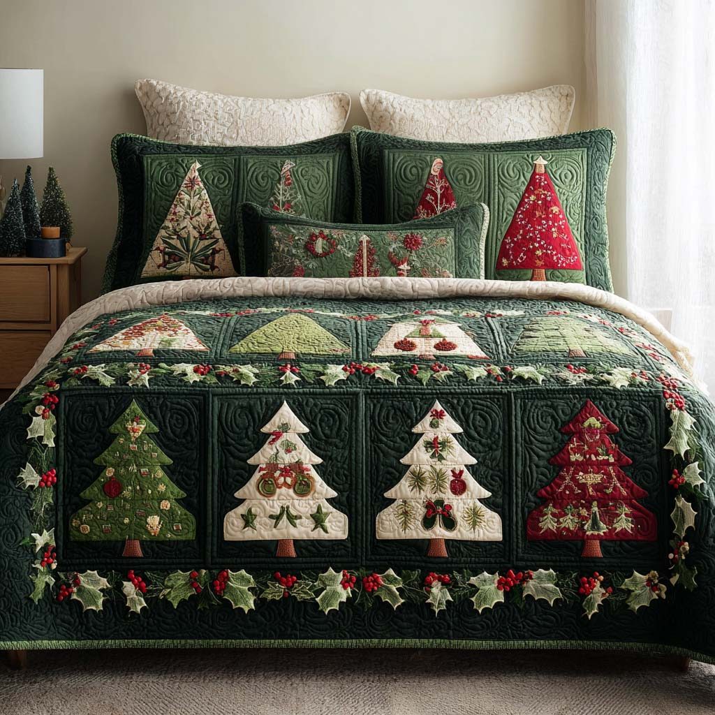 Festive Forest quilted 3-piece bedding set on a made bed in a winter-styled bedroom