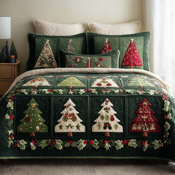 Festive Forest quilted 3-piece bedding set on a made bed in a winter-styled bedroom