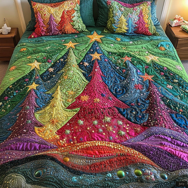 Festive Forest quilted 3-piece bedding set on a made bed in a winter-styled bedroom
