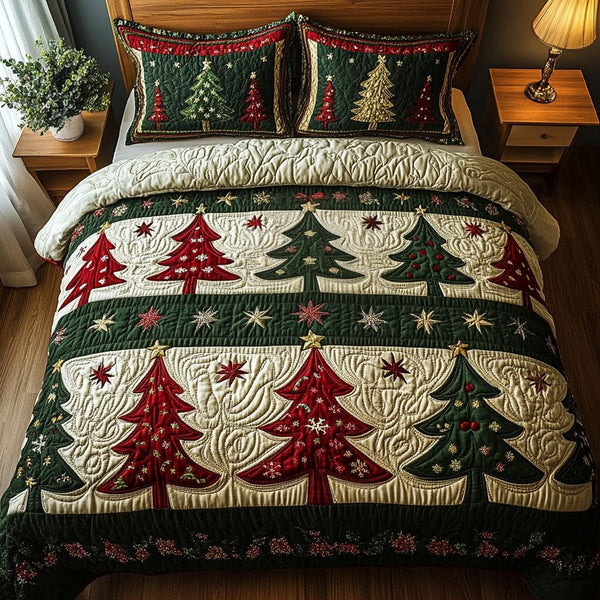Festive Forest quilted 3-piece bedding set on a made bed in a winter-styled bedroom