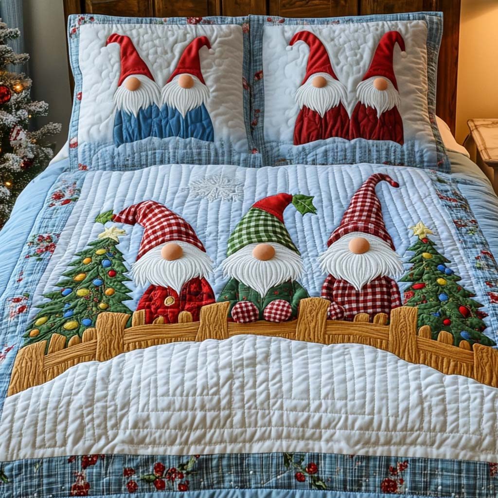 Festive Friends quilted 3-piece bedding set on a made bed in a winter-styled bedroom
