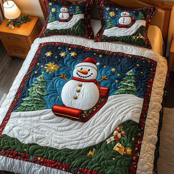Festive Frost quilted 3-piece bedding set on a made bed in a winter-styled bedroom
