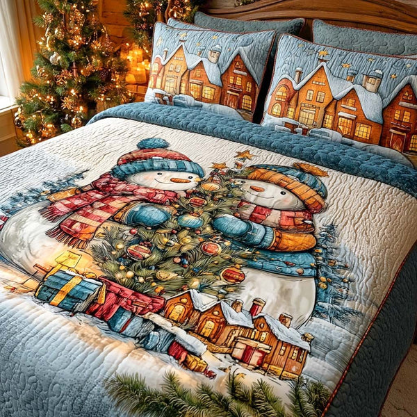 Festive Frost quilted 3-piece bedding set on a made bed in a winter-styled bedroom