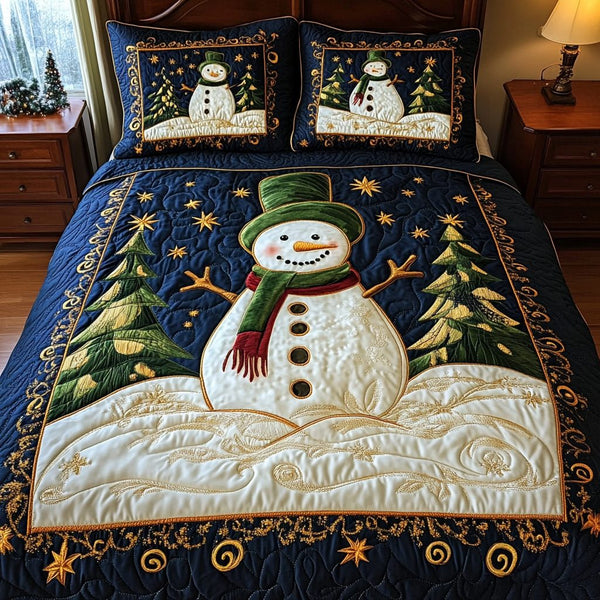 Festive Frosty quilted 3-piece bedding set on a made bed in a winter-styled bedroom