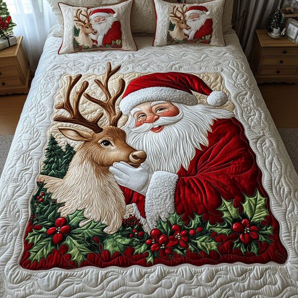 Festive Fun quilted 3-piece bedding set on a made bed in a winter-styled bedroom