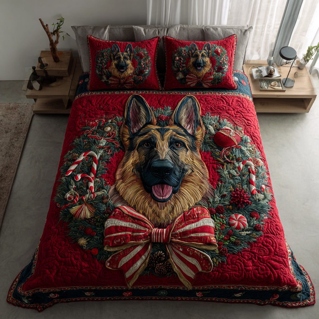 Festive German Shepherd quilted 3-piece bedding set on a made bed in a winter-styled bedroom