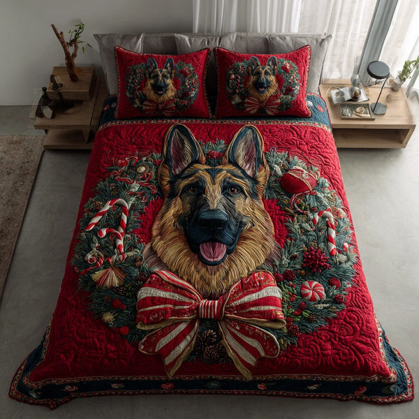 Festive German Shepherd quilted 3-piece bedding set on a made bed in a winter-styled bedroom