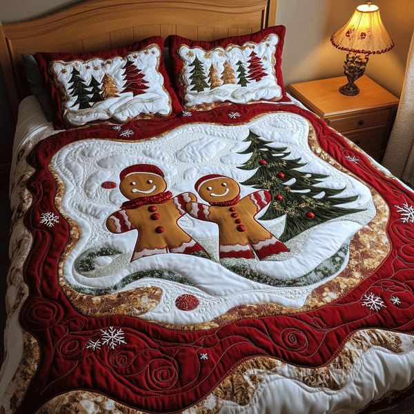 Festive Gingerbread Haven quilted 3-piece bedding set on a made bed in a winter-styled bedroom