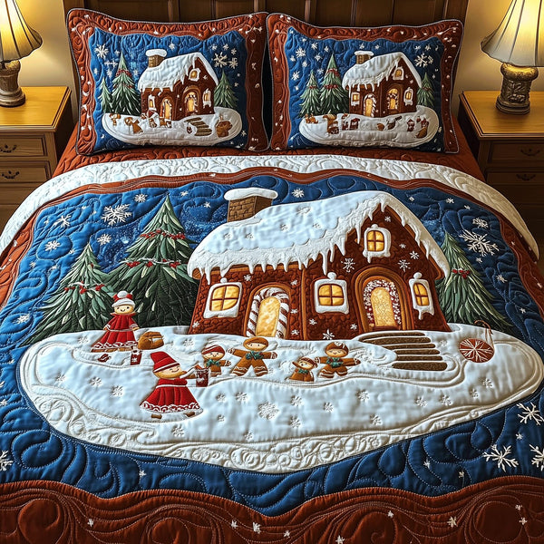 Festive Gingerbread Retreat quilted 3-piece bedding set on a made bed in a winter-styled bedroom