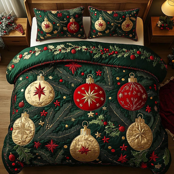 Festive Glow quilted 3-piece bedding set on a made bed in a winter-styled bedroom