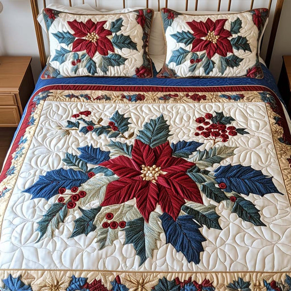 Festive Glow quilted 3-piece bedding set on a made bed in a winter-styled bedroom