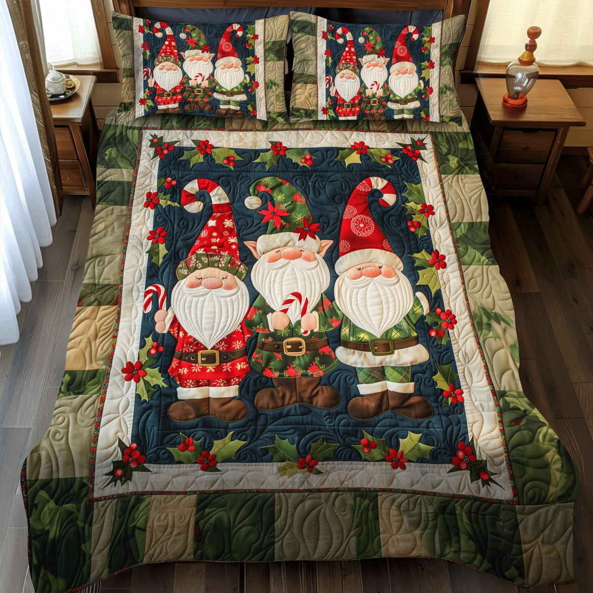 Festive Gnome quilted 3-piece bedding set on a made bed in a winter-styled bedroom