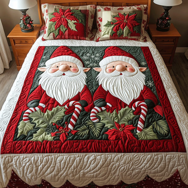 Festive Gnome quilted 3-piece bedding set on a made bed in a winter-styled bedroom