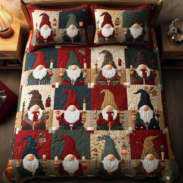 Festive Gnomes quilted 3-piece bedding set on a made bed in a winter-styled bedroom