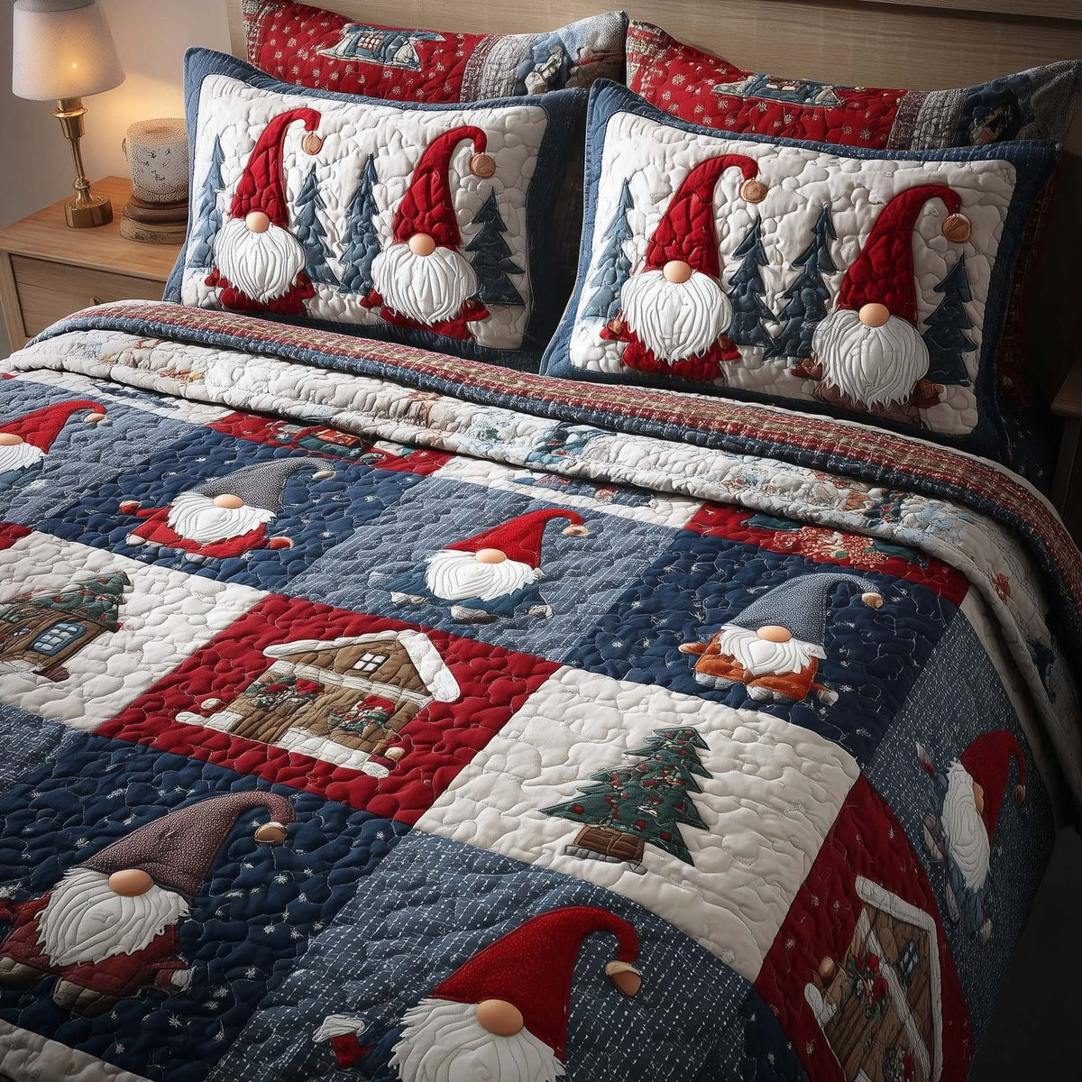 Festive Gnomes quilted 3-piece bedding set on a made bed in a winter-styled bedroom