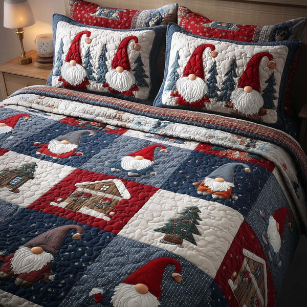 Festive Gnomes quilted 3-piece bedding set on a made bed in a winter-styled bedroom