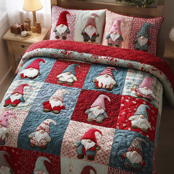 Festive Gnomes quilted 3-piece bedding set on a made bed in a winter-styled bedroom