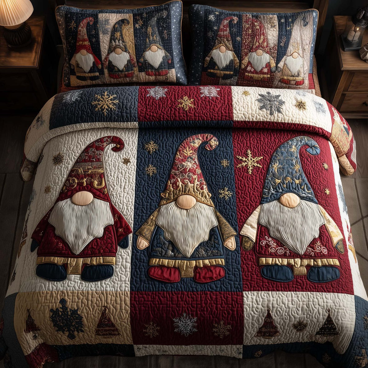 Festive Gnomes quilted 3-piece bedding set on a made bed in a winter-styled bedroom