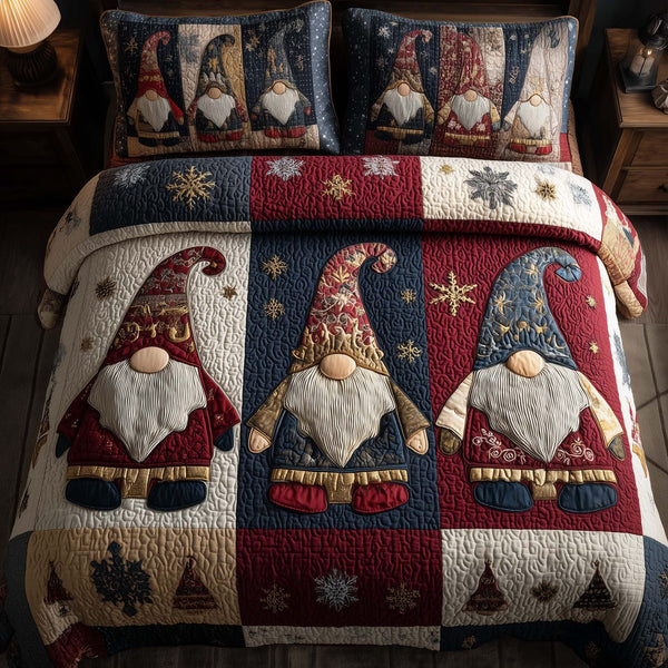 Festive Gnomes quilted 3-piece bedding set on a made bed in a winter-styled bedroom