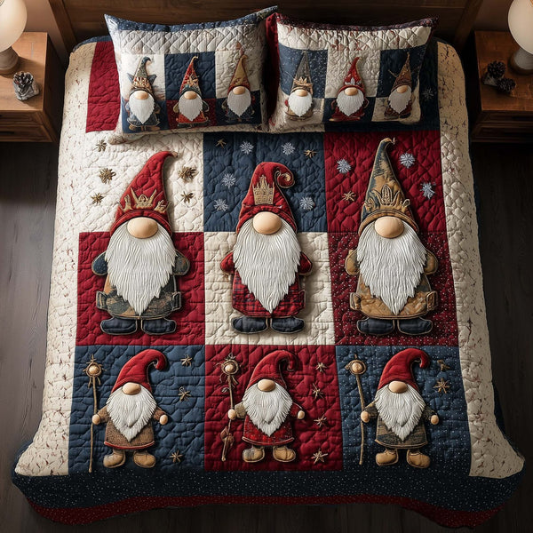 Festive Gnomes quilted 3-piece bedding set on a made bed in a winter-styled bedroom