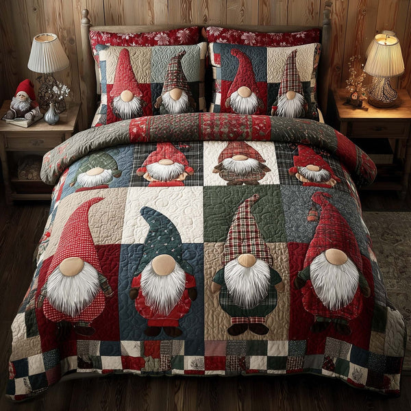 Festive Gnomes quilted 3-piece bedding set on a made bed in a winter-styled bedroom
