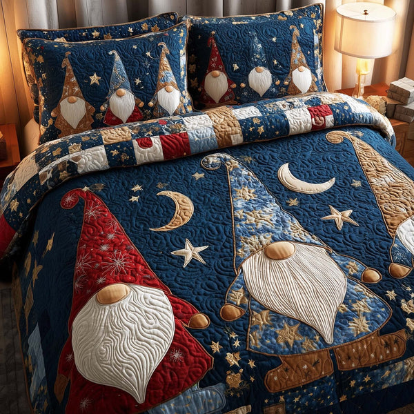 Festive Gnomes quilted 3-piece bedding set on a made bed in a winter-styled bedroom