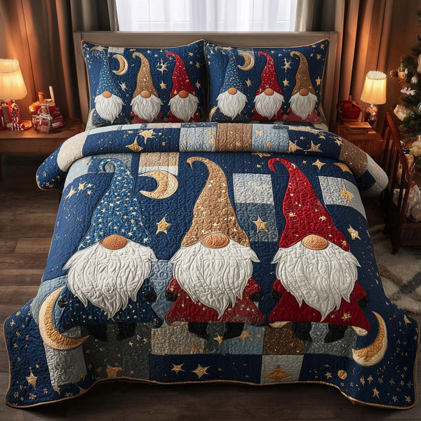 Festive Gnomes quilted 3-piece bedding set on a made bed in a winter-styled bedroom