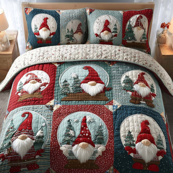 Festive Gnomes quilted 3-piece bedding set on a made bed in a winter-styled bedroom
