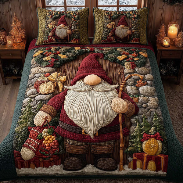 Festive Gnomes quilted 3-piece bedding set on a made bed in a winter-styled bedroom