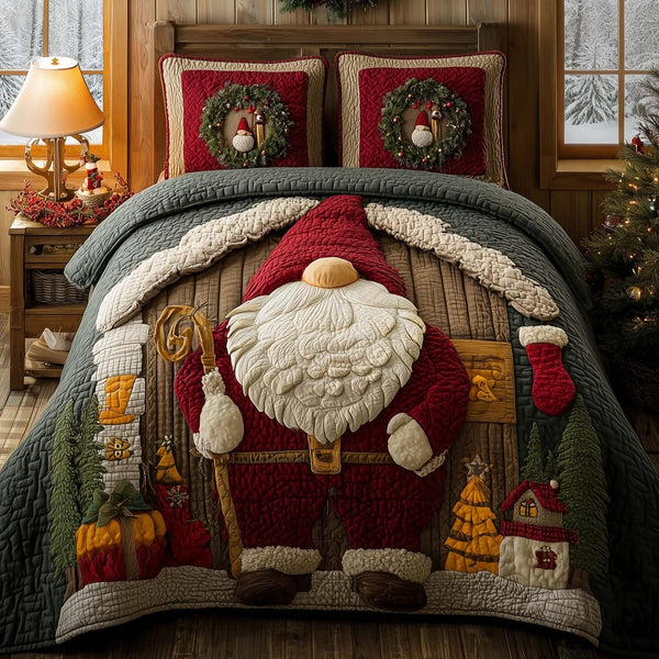 Festive Gnomes quilted 3-piece bedding set on a made bed in a winter-styled bedroom