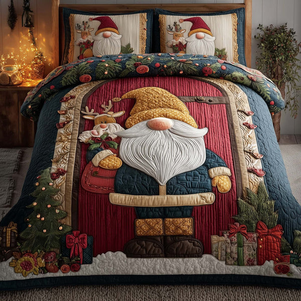Festive Gnomes quilted 3-piece bedding set on a made bed in a winter-styled bedroom
