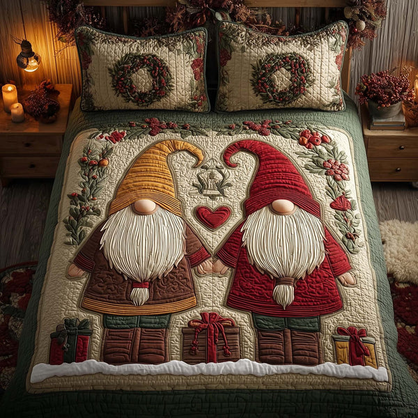 Festive Gnomes quilted 3-piece bedding set on a made bed in a winter-styled bedroom
