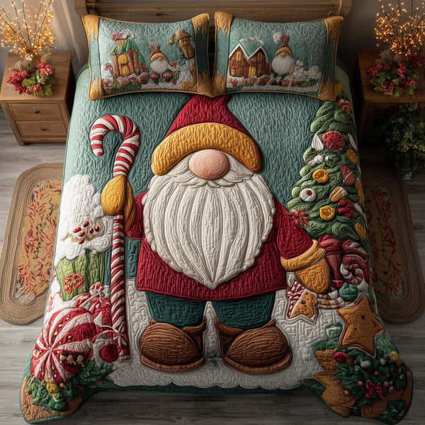 Festive Gnomes quilted 3-piece bedding set on a made bed in a winter-styled bedroom