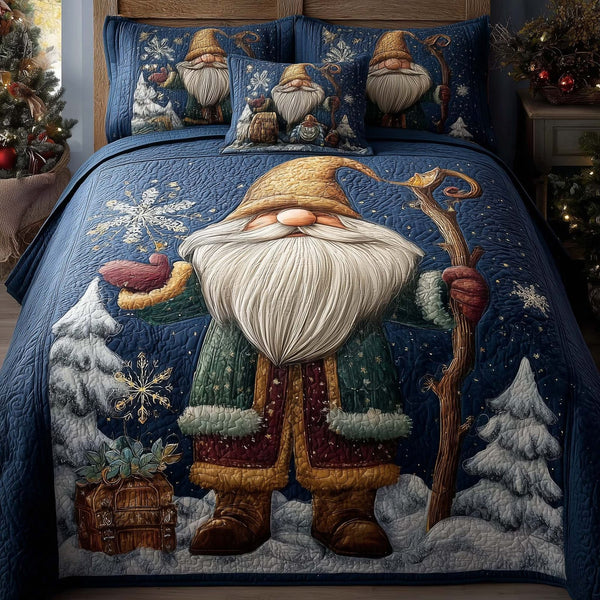 Festive Gnomes quilted 3-piece bedding set on a made bed in a winter-styled bedroom