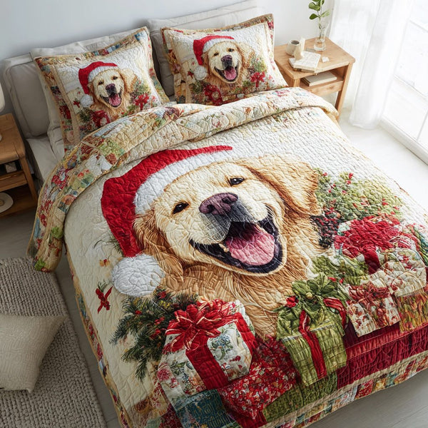 Festive Golden Retriever quilted 3-piece bedding set on a made bed in a winter-styled bedroom