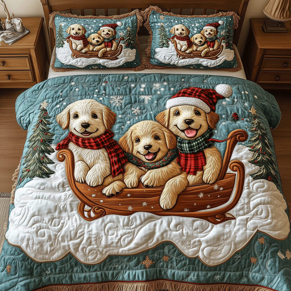 Festive Golden Retriever quilted 3-piece bedding set on a made bed in a winter-styled bedroom