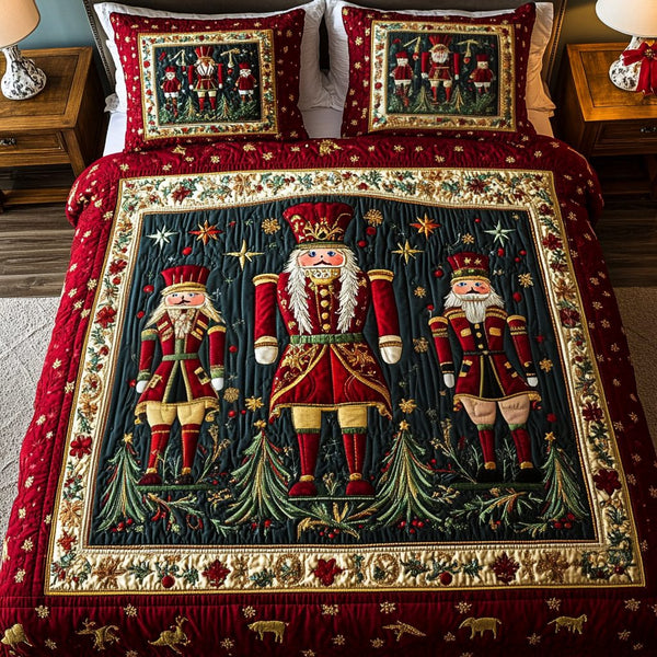 Festive Guard quilted 3-piece bedding set on a made bed in a winter-styled bedroom