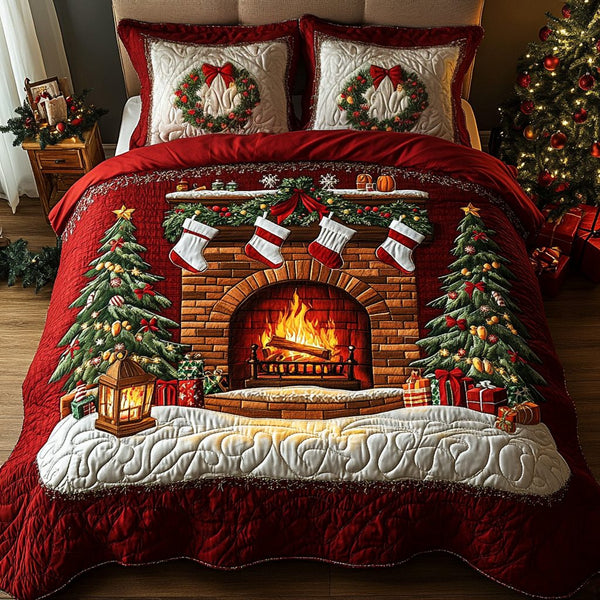 Festive Hearth quilted 3-piece bedding set on a made bed in a winter-styled bedroom
