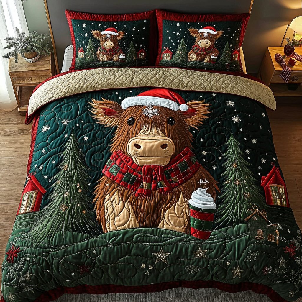 Festive Highland quilted 3-piece bedding set on a made bed in a winter-styled bedroom