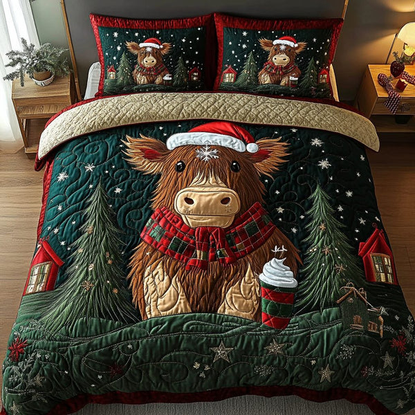 Festive Highland quilted 3-piece bedding set on a made bed in a winter-styled bedroom