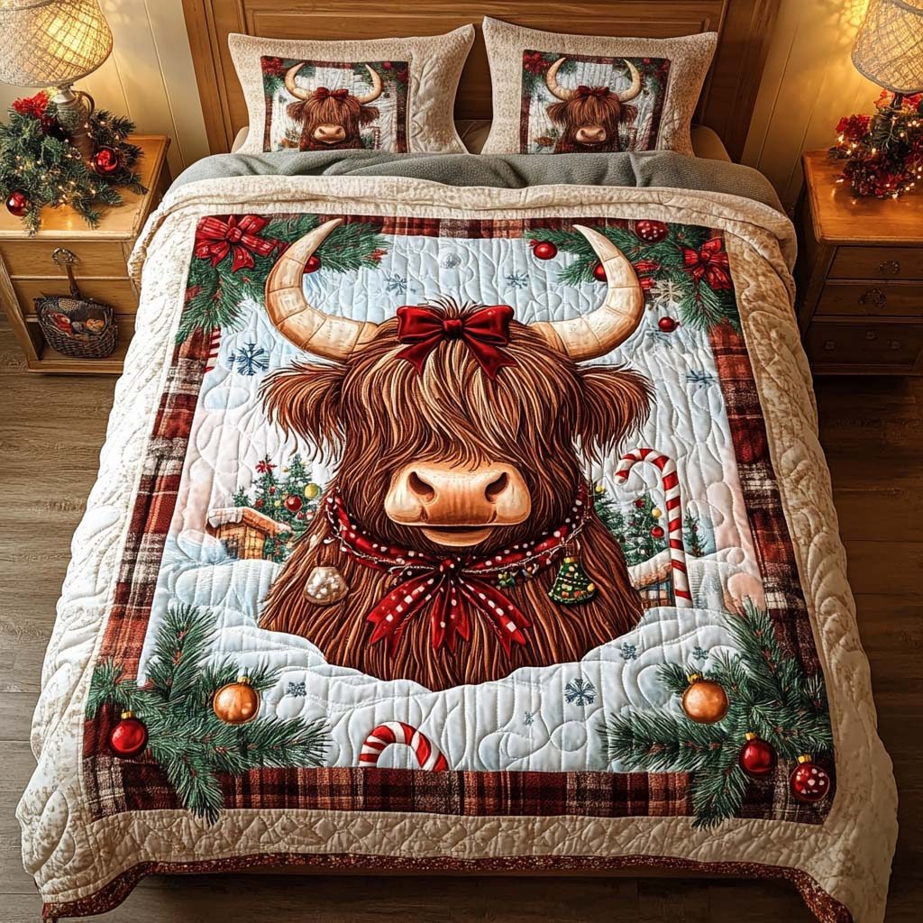 Festive Highland quilted 3-piece bedding set on a made bed in a winter-styled bedroom