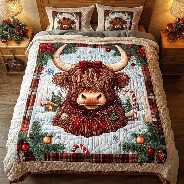 Festive Highland quilted 3-piece bedding set on a made bed in a winter-styled bedroom