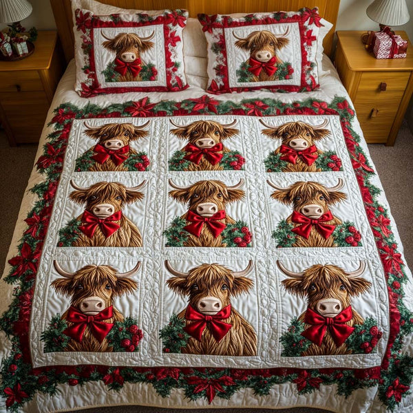 Festive Highland quilted 3-piece bedding set on a made bed in a winter-styled bedroom
