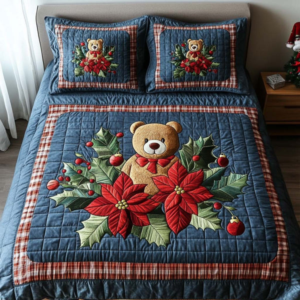 Festive Holly quilted 3-piece bedding set on a made bed in a winter-styled bedroom